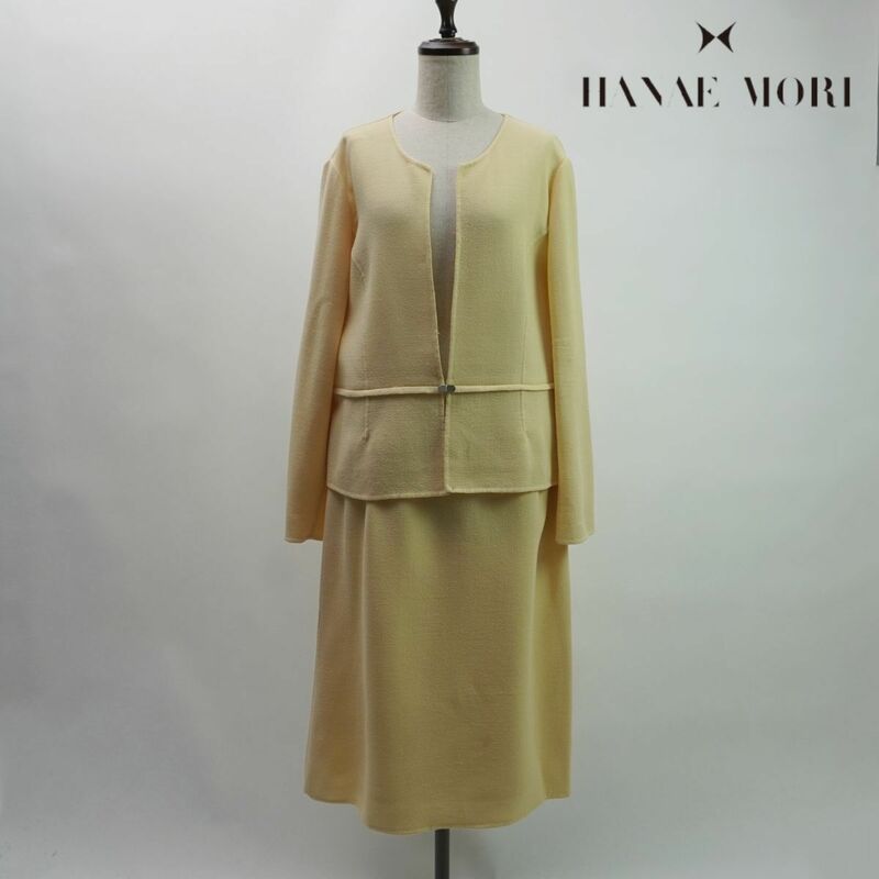 HANAE MORI ハナエモリ スカートセットアップ ノーカラージャケット 膝丈 スーツ レディース イエロー サイズ44*NC1347