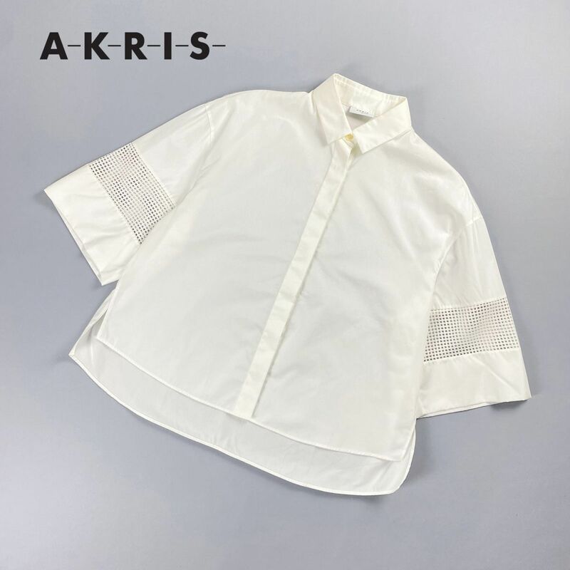 美品 AKRIS punto アクリス 袖切替メッシュ 襟付き半袖ブラウスシャツ フロントボタン トップス レディース 白 ホワイト サイズS*NC524