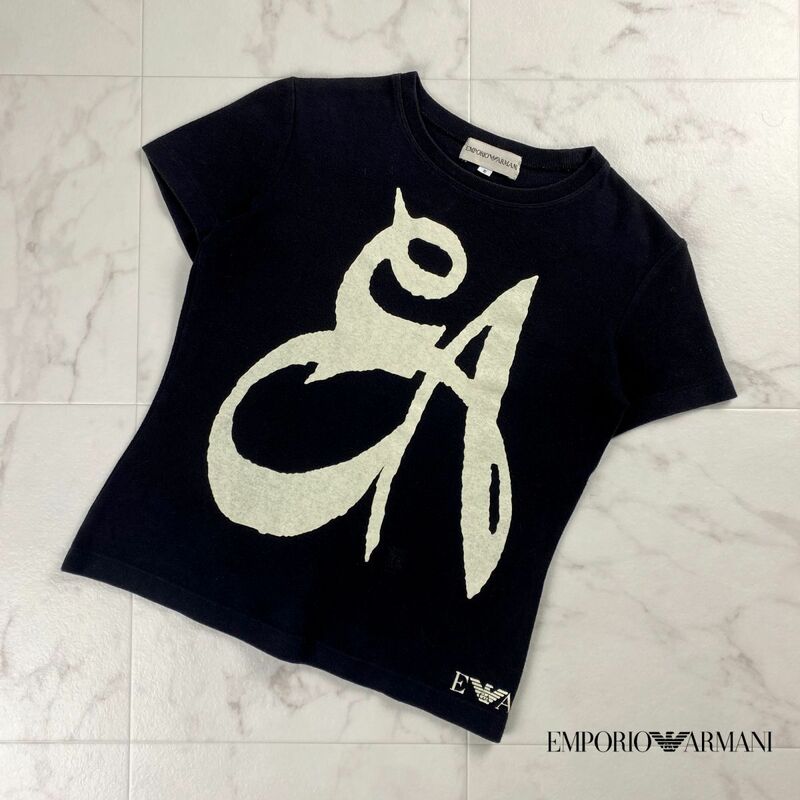 EMPORIO ARMANI エンポリオ アルマーニ フロントプリント 半袖Tシャツ カットソー トップス レディース 黒 ブラック サイズS*OC106