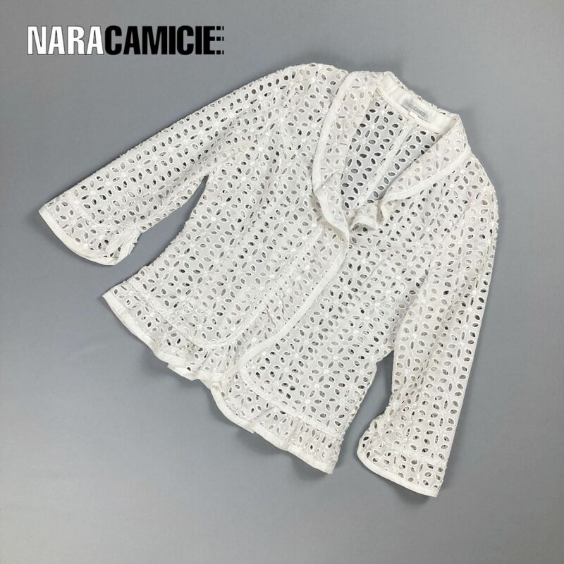 美品 NARACAMICIE ナラカミーチェ レースデザインシースルージャケット レディース 白 ホワイト サイズ0*OC778