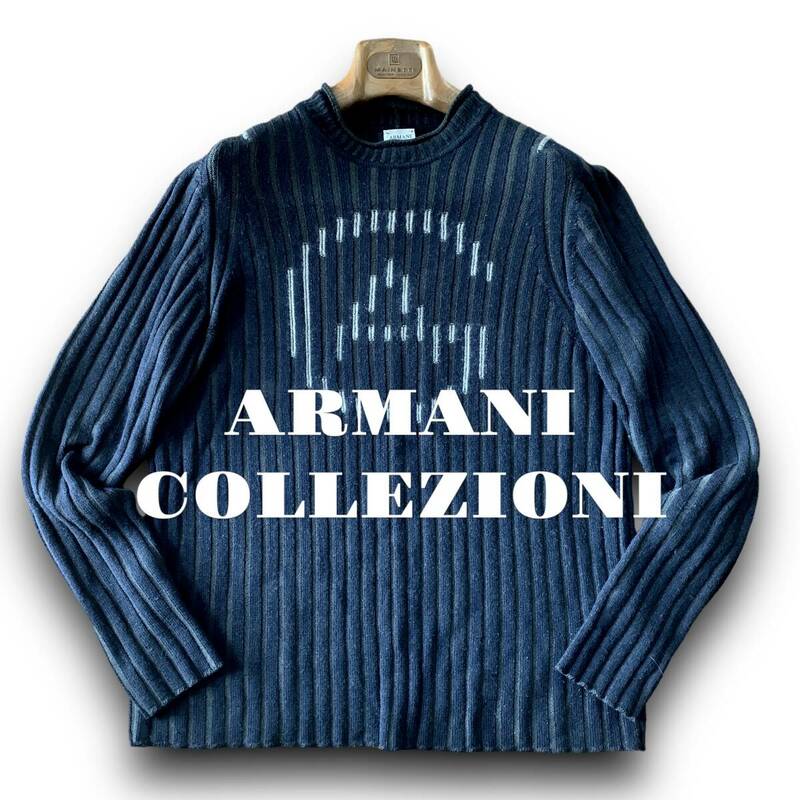 A06 美品 シックに決まる 春ニット Lぐらい 52 『アルマーニコレツィオーニ ARMANI COLLEZIONI』ロゴデザイン ニット カットソー ネイビー