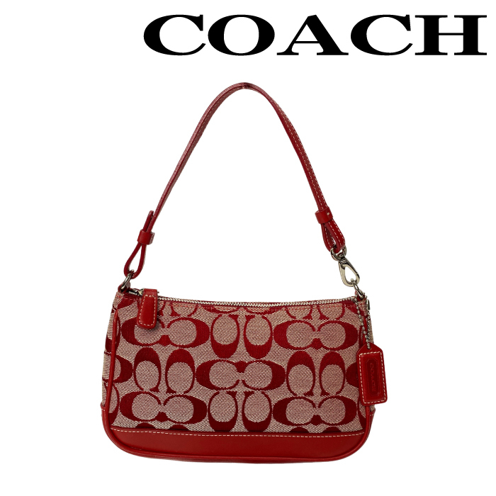 【中古】【非常に良い】COACH ハンドバッグ・鞄 ブランド コーチ シグネチャー柄 ベージュ×レッド r-coach-b-0530-01