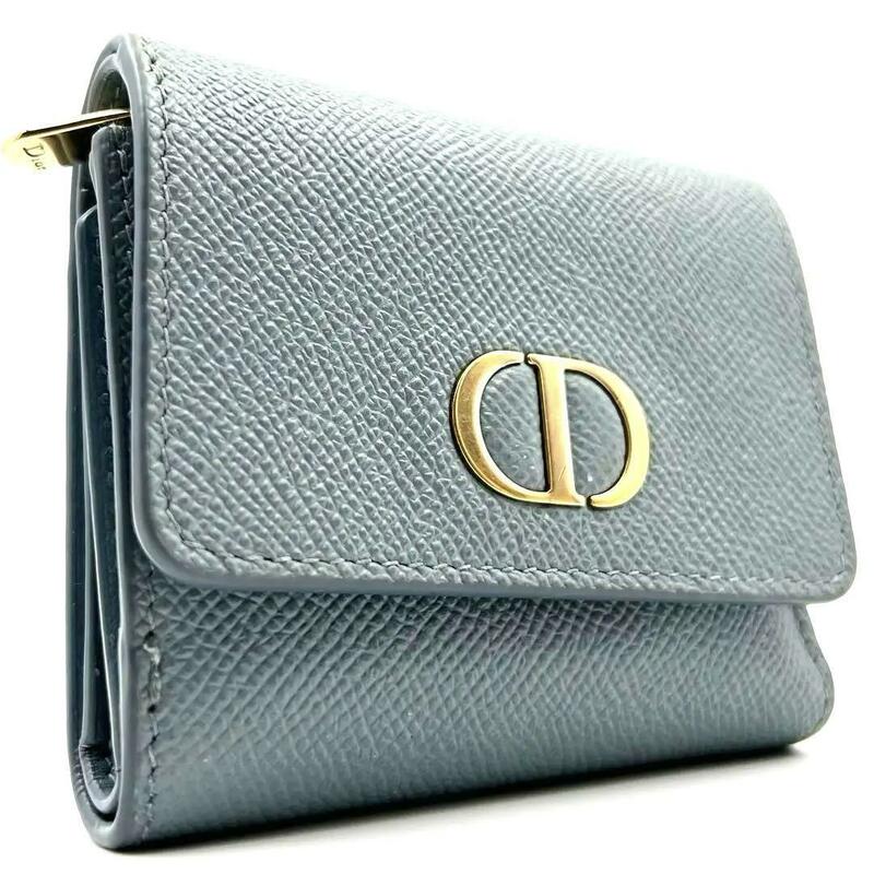 《美品》Christian Dior クリスチャンディオール モンテーニュ CDロゴ レザー 三つ折財布 ブルー