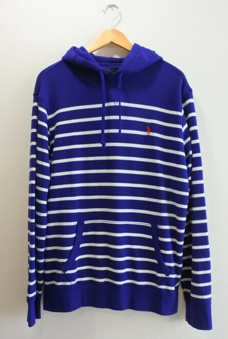 POLO RALPH LAUREN ポロ ラルフローレン パーカー 長袖 フード Lサイズ 胸元ロゴ ボーダー ブルーｘ白 未使用 タグ付 fkdyu a201h0422