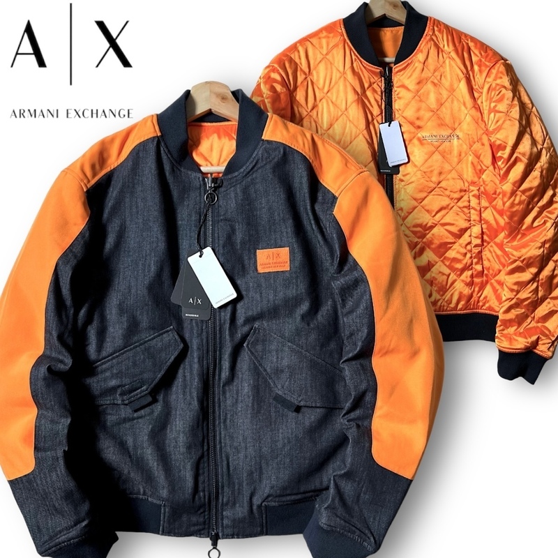 新品 ARMANI EXCHANGE アルマーニ 定4.1万 本国モデル デニム調×キルティング リバーシブル エコダウンジャケット ブルゾン MA-1 XXL◆B1b