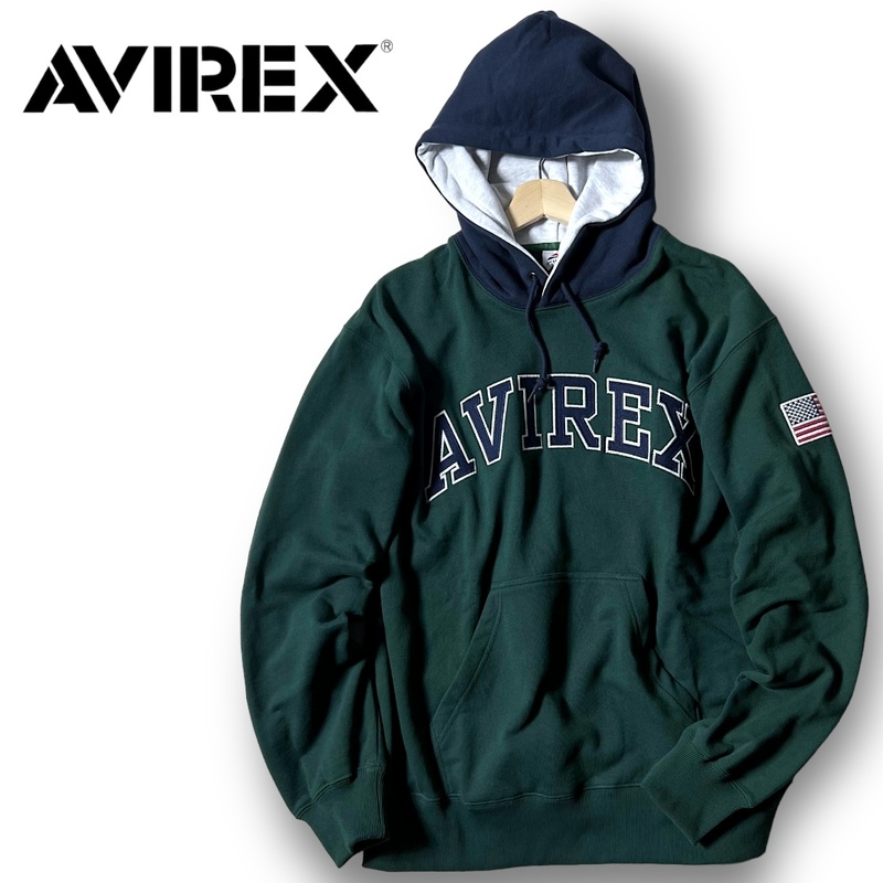 新品 AVIREX アヴィレックス 速乾コットン混素材 刺繍ワッペン スウェット パーカー フーディー プルオーバー 3131008 XL アメカジ◆B3545