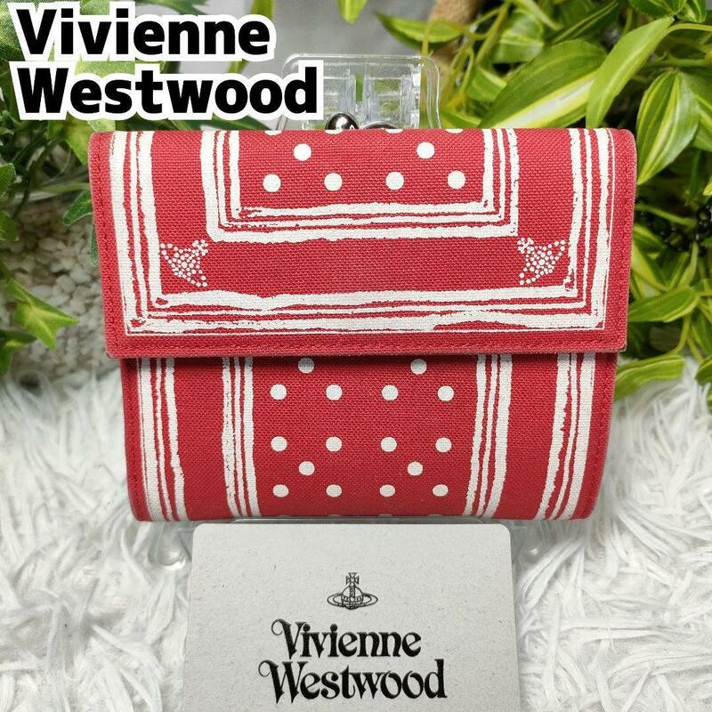 VivienneWestwood 三つ折り財布 がま口 オーブ 総柄 レッド レザー ヴィヴィアンウエストウッド がま口財布 赤 革 女性 財布 レディース