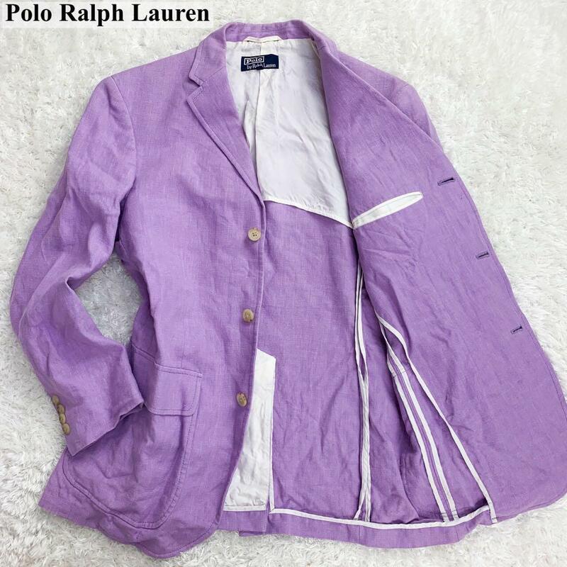 超希少色 パープル 美品 ポロラルフローレン Polo Ralph Lauren テーラードジャケット リネン100% 春夏 通勤 ビジネス パイピング メンズ
