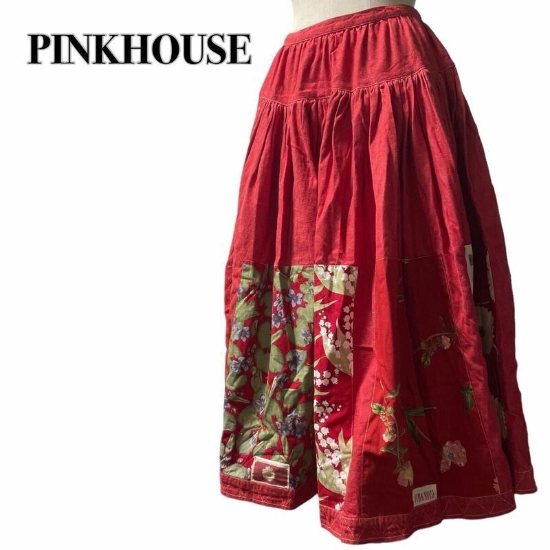PINKHOUSE ピンクハウス ロングスカート 赤花柄フリル フレア ヴィンテージ レッド M相当　