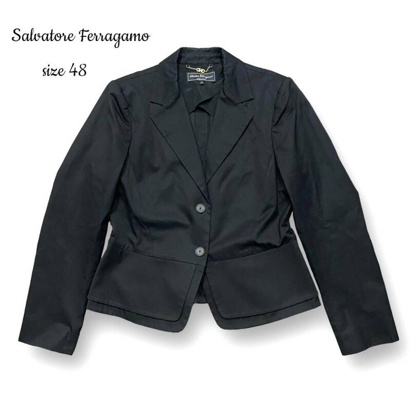 美品 Salvatore Ferragamo サルヴァトーレ フェラガモ 2B テーラード ジャケット 黒 ブラック イタリア製 レディース サイズ 48