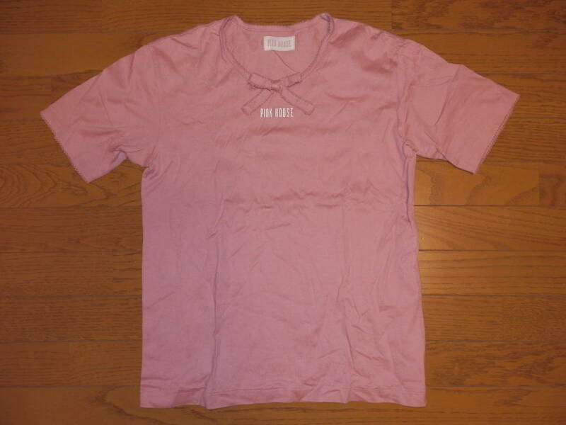 USED品★PINK HOUSE ピンクハウス リボン付き 半袖Tシャツ L 日本製 ピンク