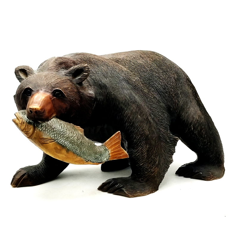 R04003 魚を咥える木彫りの熊 木工 民芸品 置物 オブジェ