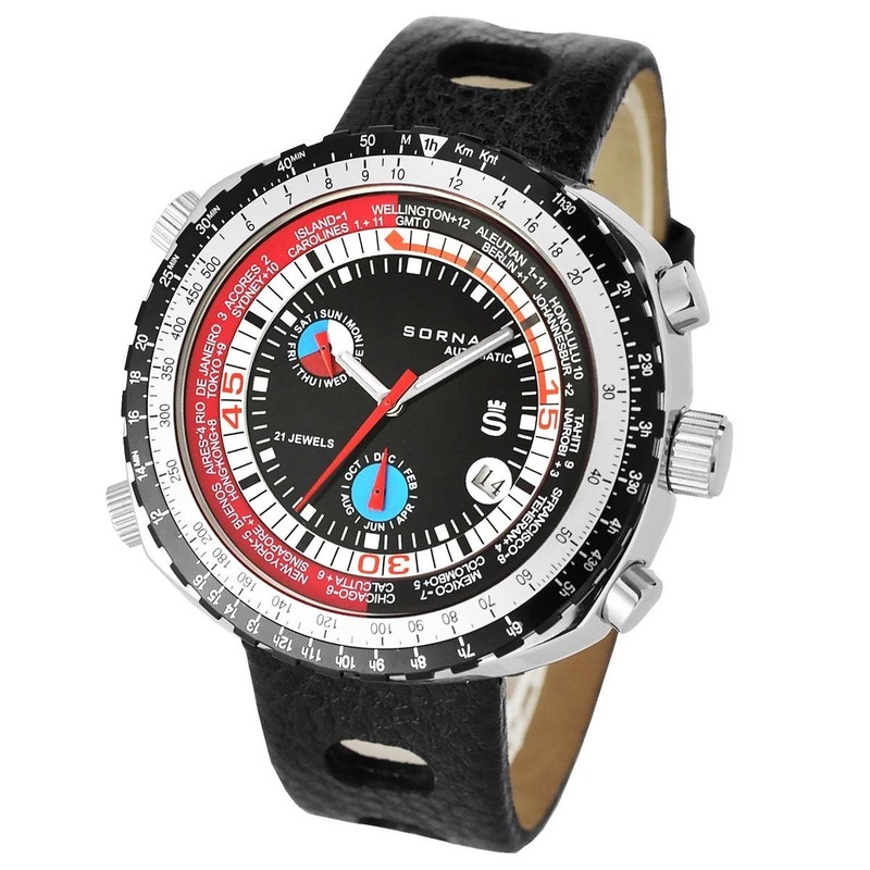 SORNA ソルナ 自動巻き 複刻新品 腕時計 カレンダー GMT（ワールドタイム） タキメーターベゼル [T21707-BLACK]