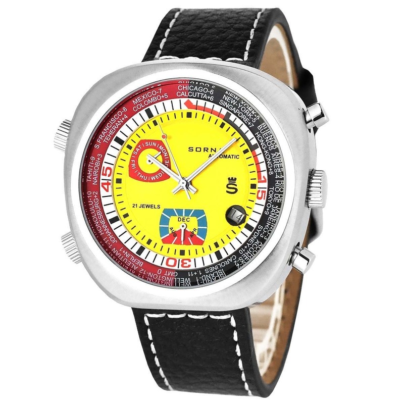 SORNA ソルナ 自動巻き 複刻新品 腕時計 カレンダー GMT（ワールドタイム） タキメーターベゼル T23766-YELLOW