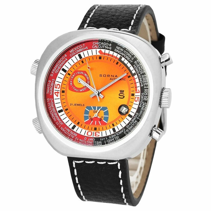 SORNA ソルナ 自動巻き 複刻新品 腕時計 カレンダー GMT（ワールドタイム） タキメーターベゼル T23766-ORANGE