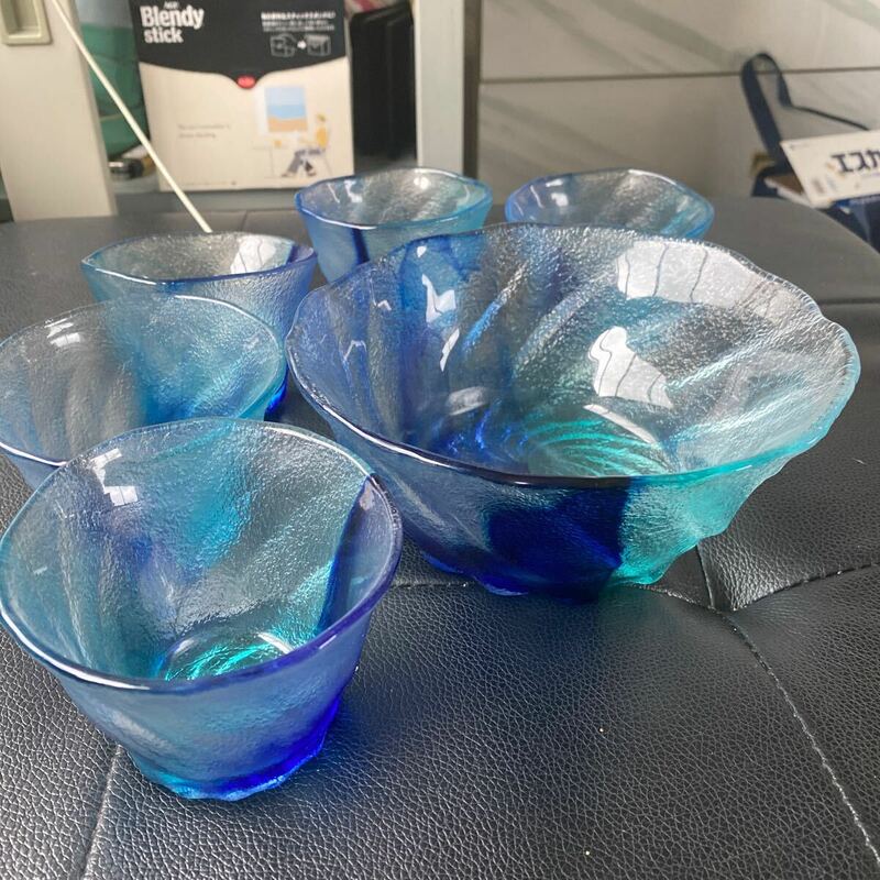彩流 ガラス 深盛り鉢 小鉢 セット 青