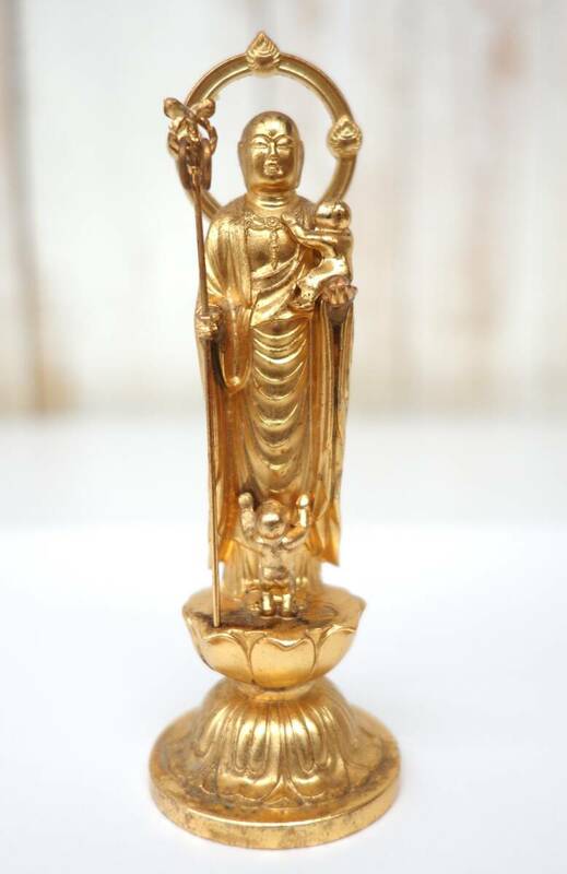 伝統工芸　仏教美術　 ＊地蔵尊立像　仏像　佛像 　水子地蔵尊像　地蔵菩薩 　二人水子　ミニ　小型　9.5cm＊合金製　金鍍金　金属工芸　