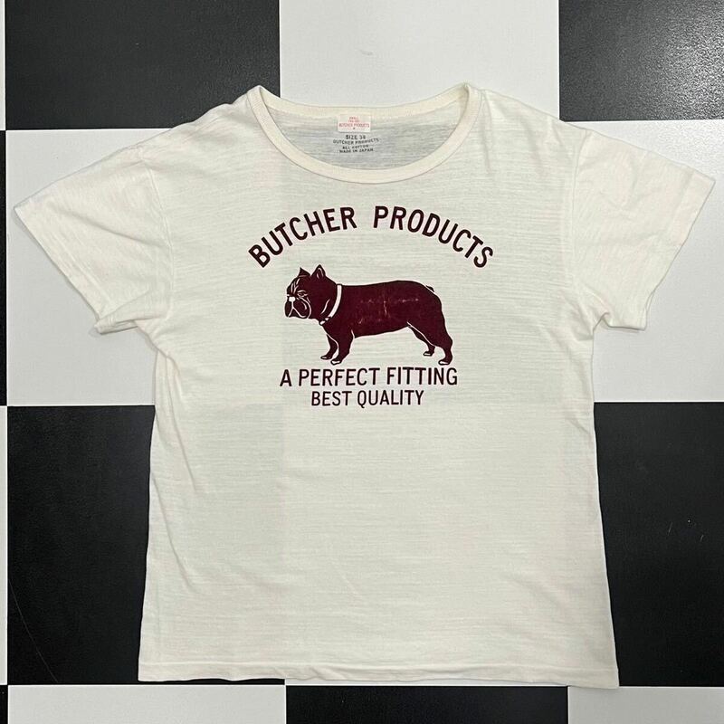 【130】 初期 butcher products フロッキー プリント ロゴ ブルドッグ Tシャツ S バーガンディー ブッチャープロダクツ atlast 白 