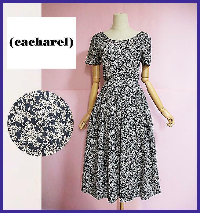 【キャシャレル/cacharel】ロングワンピース　花柄　フィット＆フレア　バイカラー 　美シルエット　ネイビー フラワープリント　送料無料