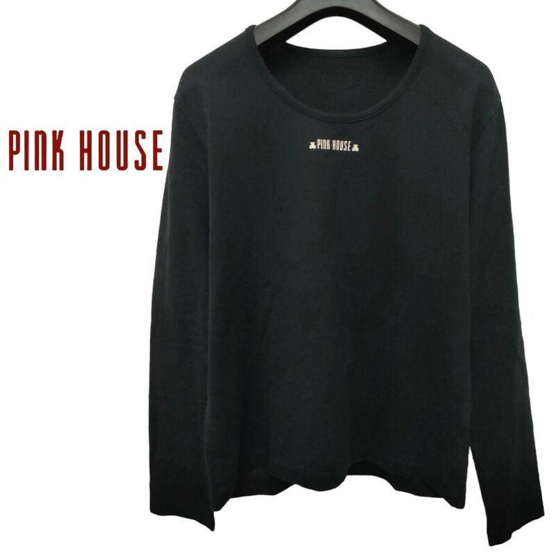 【美品】PINK HOUSE /ピンクハウス レディース 長袖Tシャツ ロンT ブラック ワンポイントロゴ Lサイズ 日本製 I-3762