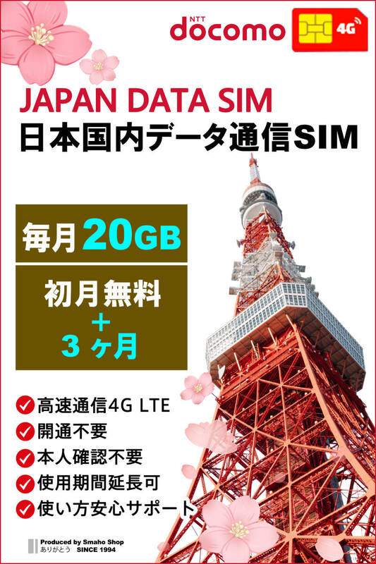 【 毎月20GB （初月無料+3ヶ月プラン）（合計 80GB）】docomo LTE 日本国内 データ通信SIMカード DATA SIM for JAPAN 使い放題★送料無料 