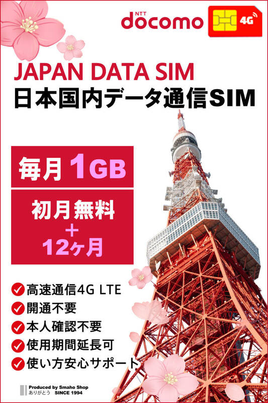 【 毎月1GB （初月無料+12ヶ月プラン）】docomo LTE 日本国内 データ通信SIMカード DATA SIM for JAPAN 使い放題★送料無料★