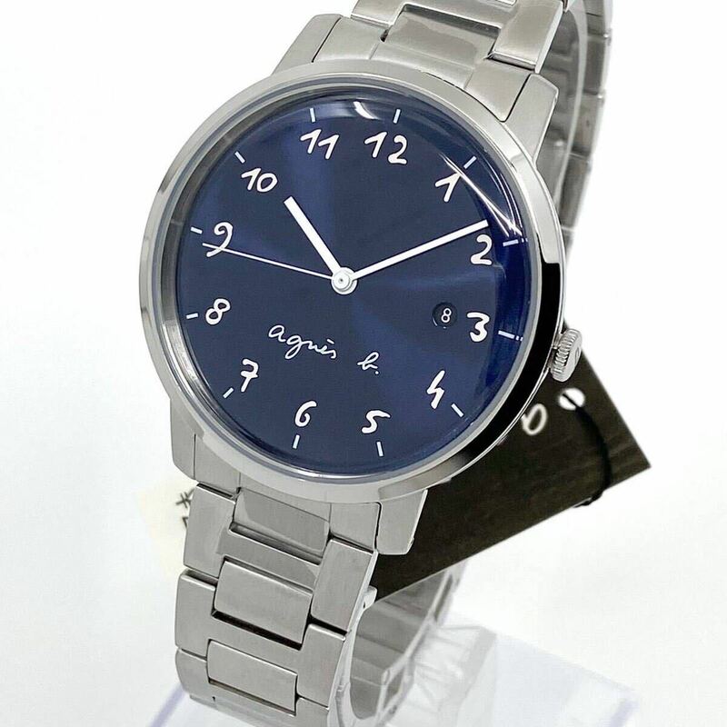極美品 箱付き agnes b. 腕時計 デイト ラウンド アラビアン 3針 クォーツ quartz ネイビー シルバー 紺 銀 アニエスベー Y709