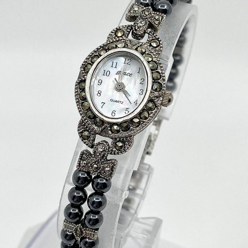 grace 腕時計 ブレスウォッチ オーバル アラビアン 3針 クォーツ quartz シェル ストーン シルバー 銀 アンティーク グレース Y710