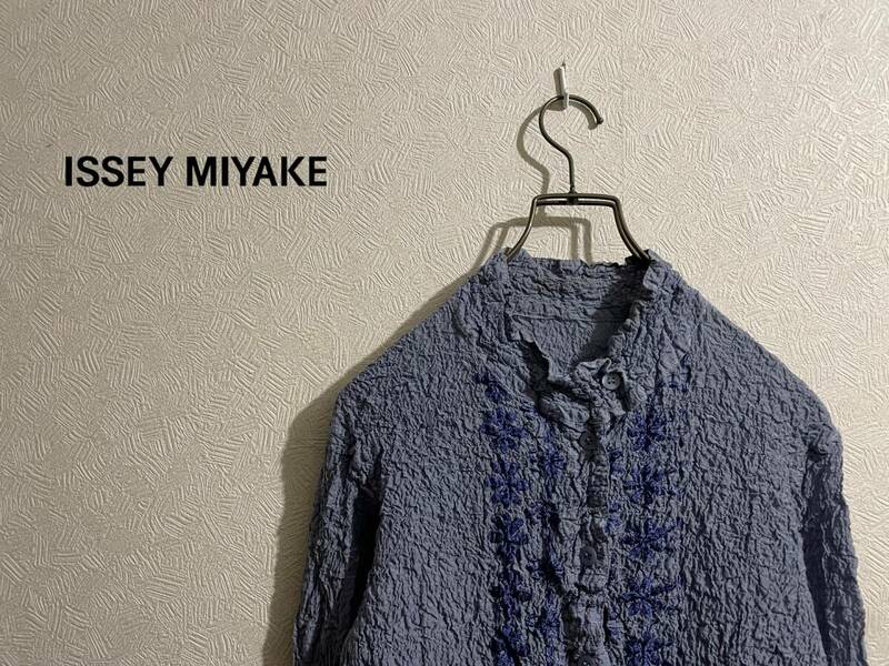 ◯ ISSEY MIYAKE me スタンドカラー ポップコーン シャツ / イッセイミヤケ ジャケット プリーツ シワ加工 ブルー Ladies #Sirchive