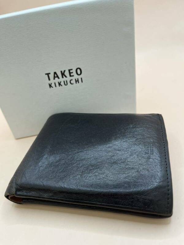 タケオキクチ 本牛革 レザー 二つ折り財布 黒 小銭入れ カード入れ 札入れ メンズ 男性 紳士用 TAKEO KIKUCHI