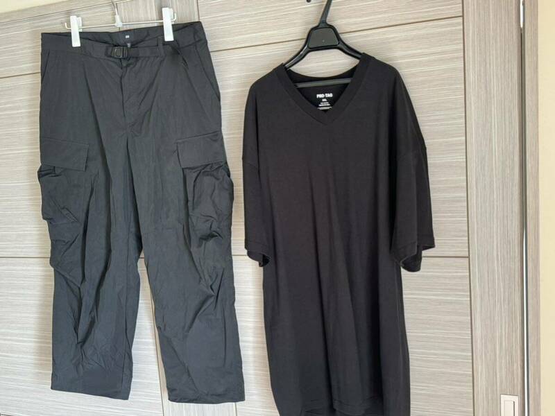 xl H&M 夏用 ワイド カーゴパンツ PROTAG Tシャツ2点セット 黒色