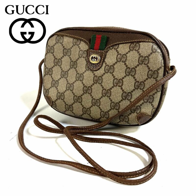 【美品】GUCCI グッチ ヴィンテージ PVCレザー GG シェリーライン ミニ ショルダーバッグ サコッシュ ゴールド金具 ブラウン イタリア製