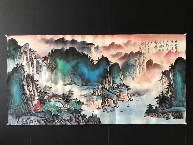 秘藏 近現代 中國畫家： 張大千 山水畫 極細工 手描き 古美味 古美術 GP0424