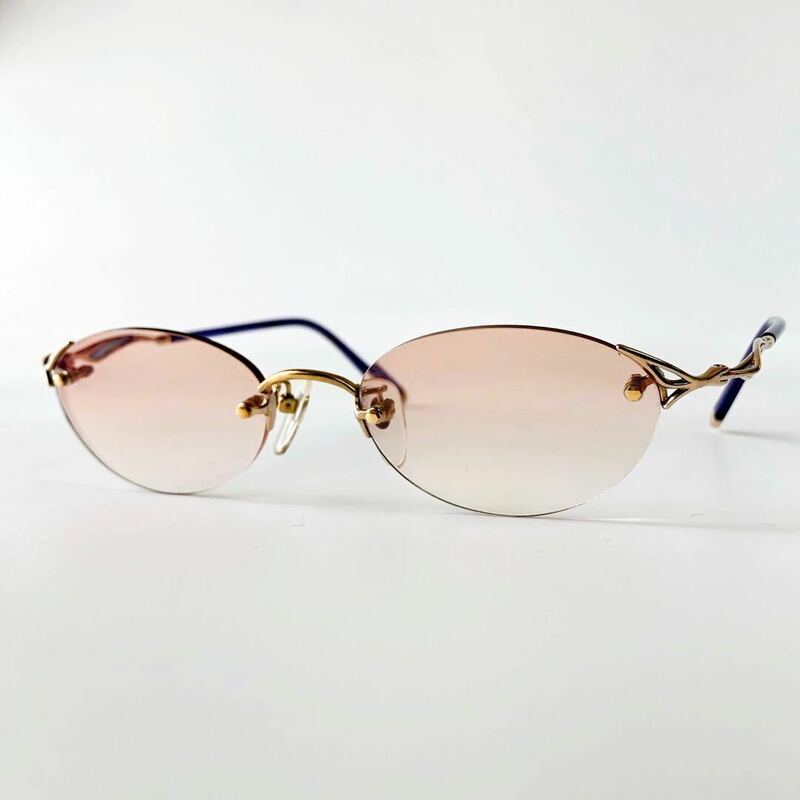 K14刻 総重量:約22.8g 度付きメガネ K14WG 眼鏡 めがね リムレス　ゴールド　ブルー　カラーレンズ　アイウェア　日本