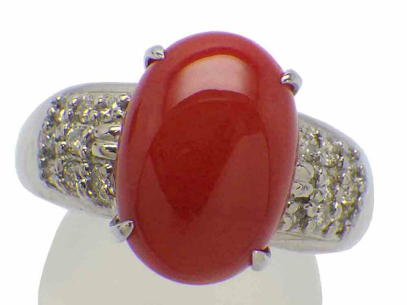 血赤珊瑚 ダイヤモンドリング Pt900 13.1g 22.5号 GRJソーティング付き　Jewelry Coral 6.07ct Dia0.32ct Ring