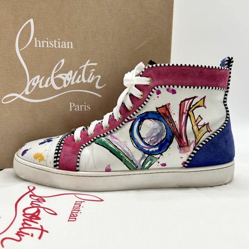 【極美品】 Christian Louboutin クリスチャンルブタン LOUIS ORLATO FLAT CLF LOVE メンズ ハイカットスニーカー 靴 ペイント スエード