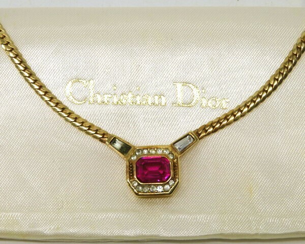 ■hae3440-2 147 Christian Dior クリスチャン・ディオール ゴールドカラー ラインストーン ネックレス アクセサリー 箱付き