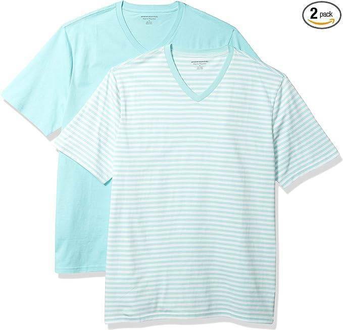 新品■Amazon Essentials Tシャツ Vネック 2枚組 レギュラーフィット 半袖 メンズ アクアブルー/ホワイト ストライプ XS (日本サイズS相当)