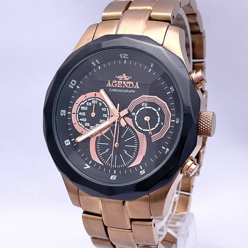 AGENDA アジェンダ AG-8021 腕時計 ウォッチ クォーツ quartz クロノグラフ スクリューバック 黒 ブラック P319