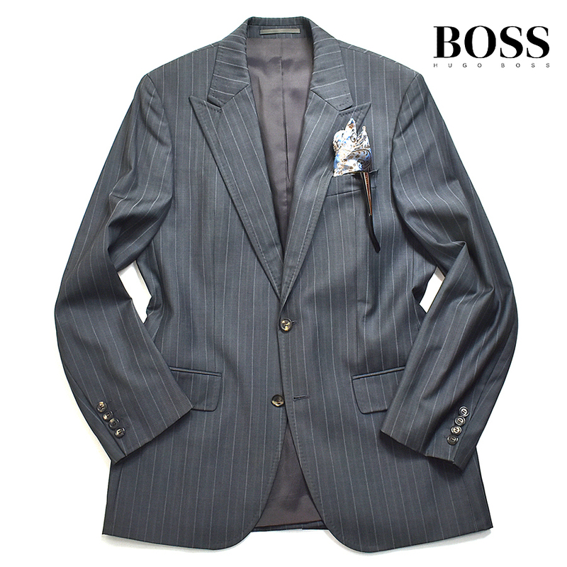 [定価８万] ヒューゴボス BOSS 極上 Super120 ストライプ テーラードジャケット 48 メンズL グレー HUGO BOSS ピークドラペル