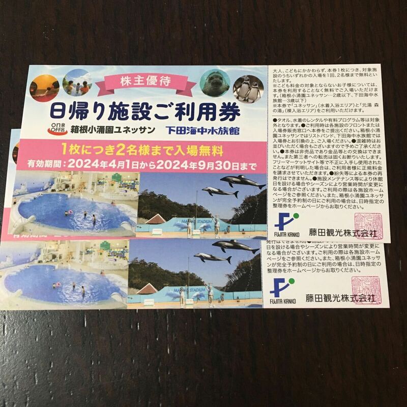 【最新】箱根小涌園ユネッサン 下田海中水族館　 日帰り施設ご利用券2枚セット　　藤田観光 株主優待券　ミニレター対応63円　入場無料　