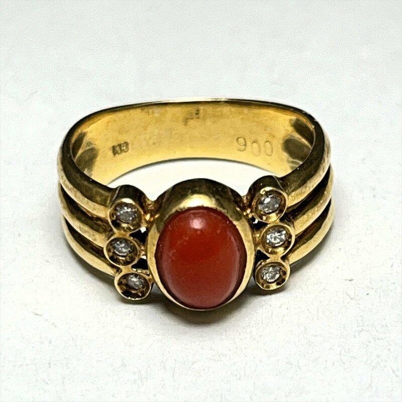 ◆ 赤珊瑚 コーラル K18 ダイヤ装飾 リング 指輪 総重量3.8g 日本サイズ8号内径15.4㎜◆