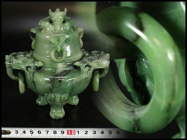 【金閣】中国美術 緑玉石 刻 香炉 高15cm 旧家蔵出(LC366)