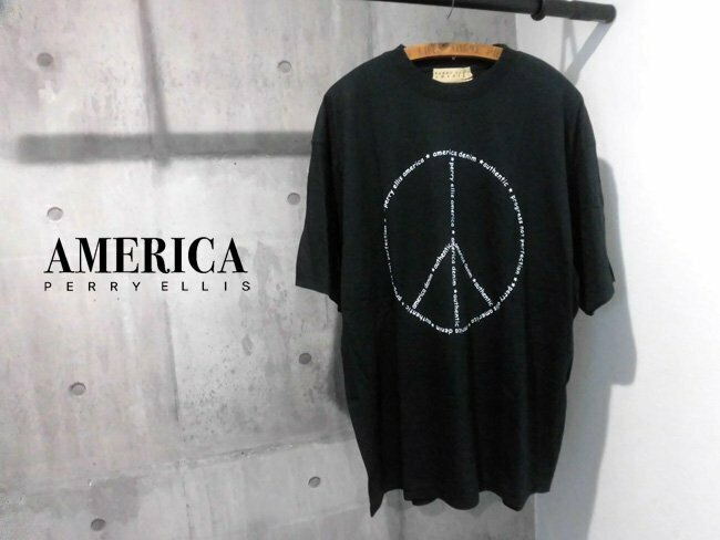 PERRY ELLIS AMERICA ペリーエリス アメリカ ピースマーク プリント 半袖 Tシャツ L/黒 ブラック/メンズ/90s 00s ヴィンテージ/程度良好