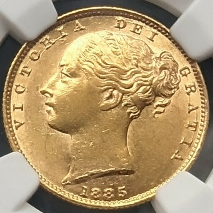 金貨 鑑定 1885年 オーストラリア ヤングヘッド ビクトリア女王 盾の紋章 ソブリン金貨 NGC AU58 アンティークコイン イギリス銀貨も出品中