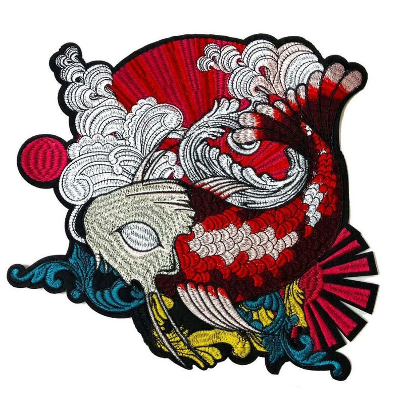 ワッペン　アイロン　豪華刺繍　大きいサイズ　発色きれい和柄　浮世繪　幸運鯉