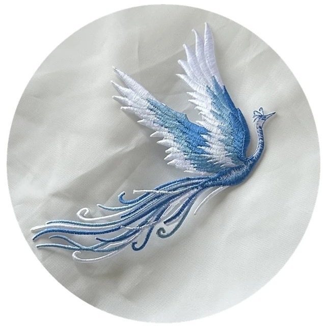 2点セット　アイロンワッペン　刺繍　繊細なパッチ　高品質　フェニックス　鳳凰　鳥　ブルー