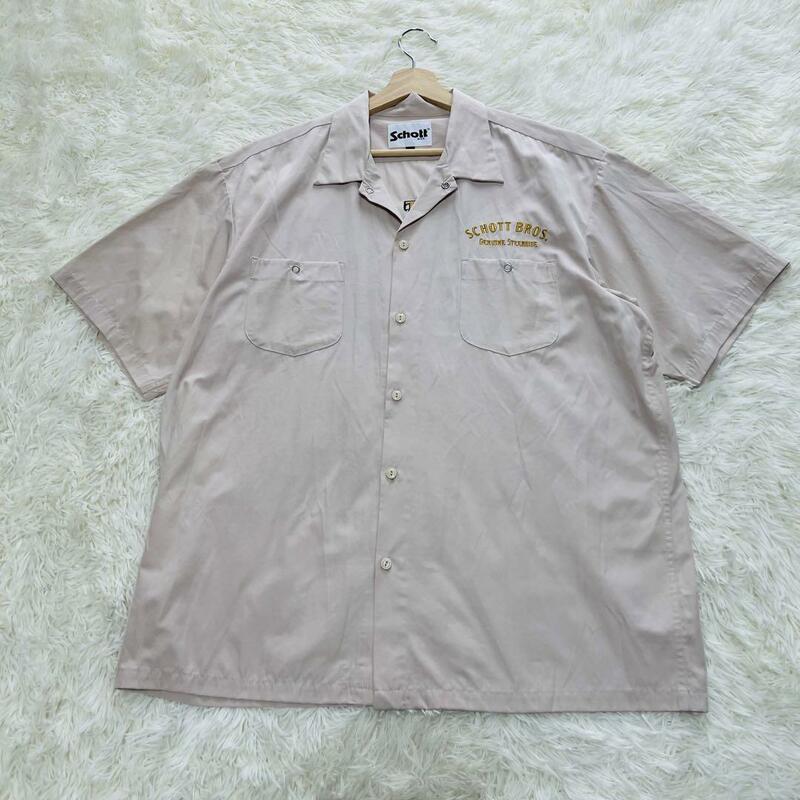 【未使用級】SCHOTT　ショット　ワークシャツ　刺繍　ベージュ　2XLサイズ　大きめサイズ　半袖シャツ　３シーズン　オープンカラー