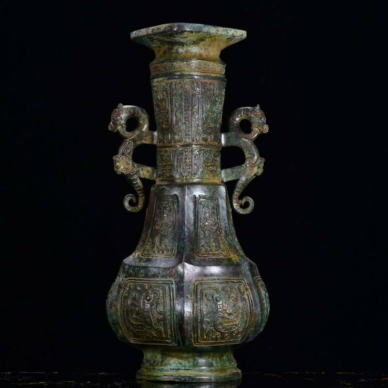 珍藏 中国西周時代の青銅鳳鳥紋双龍瓶です 青銅器 時代物 中國古美術 擺件 置物 賞物 唐物 古美術品 DYW32
