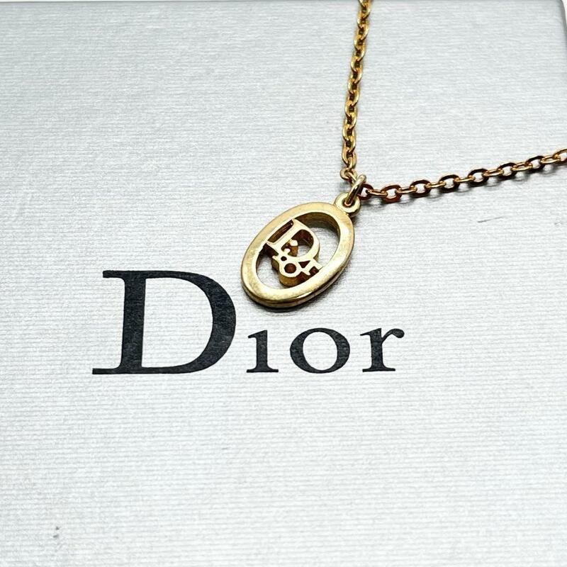 極美品 クリスチャンディオール Christian Dior ネックレス アクセサリー 文字 サークルロゴ トロッター ラインストーン ゴールド 金